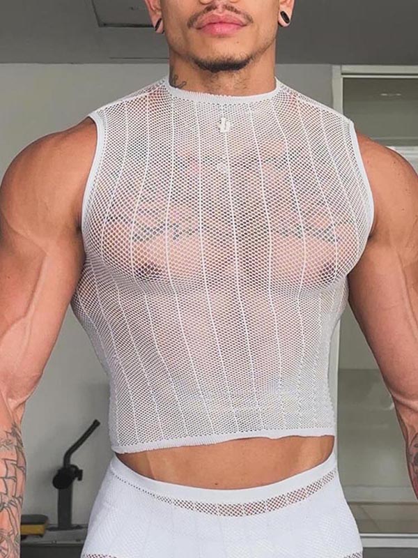 Mens Sheer Mesh Striped Tank SKUK94741 - White / S