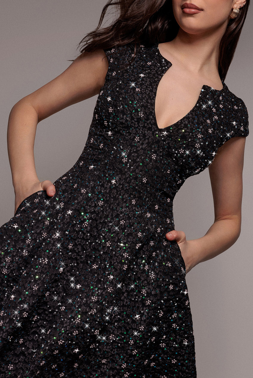Goddiva Bead Embellished Jacquard Skater Mini Dress - Black