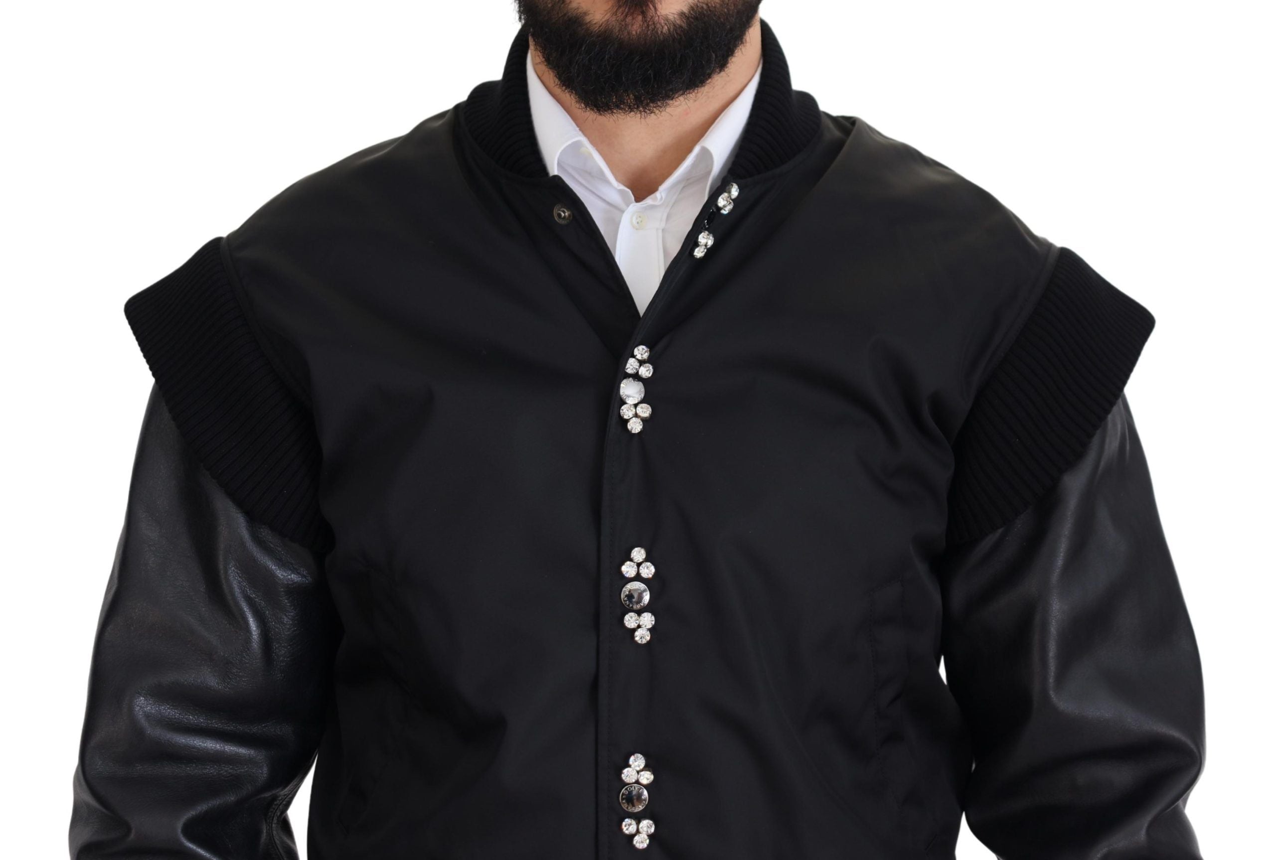 Crystal-Embellished Nylon Bomber Jacket — Black