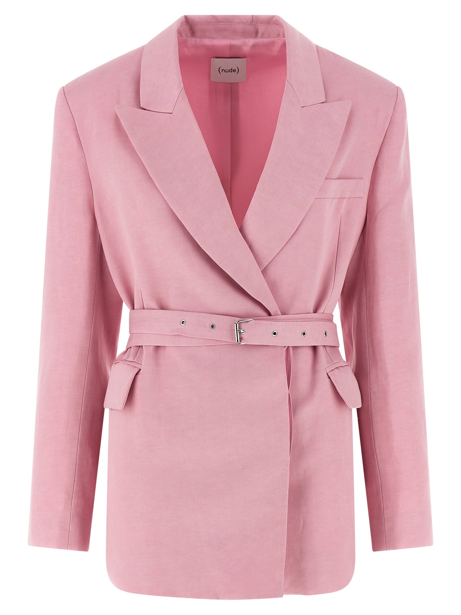 Belt-Cinched Linen-Tencel Blazer — Pink