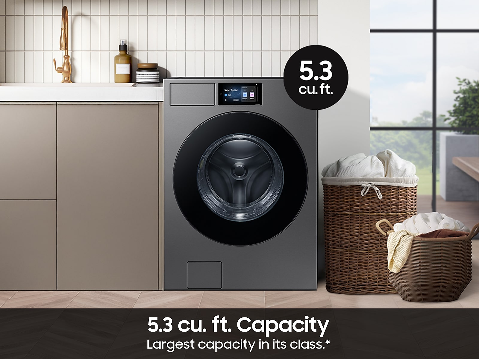 5.3 cu. ft. Bespoke AI Ultra Capacity Front Load Washer with AI Home and AI OptiWash+ in Dark Steel(WF90F53ADSA5)