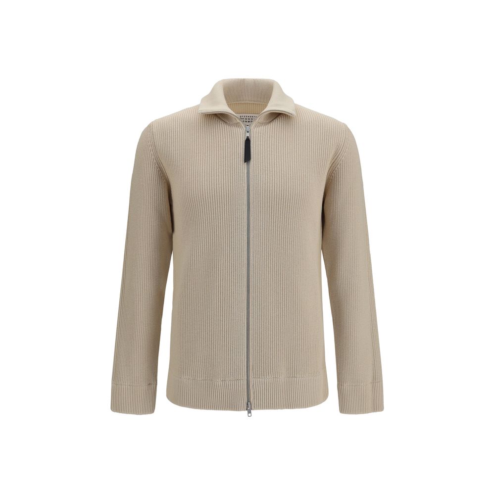Ribbed Wool-Cotton Zip-Up Cardigan — Beige