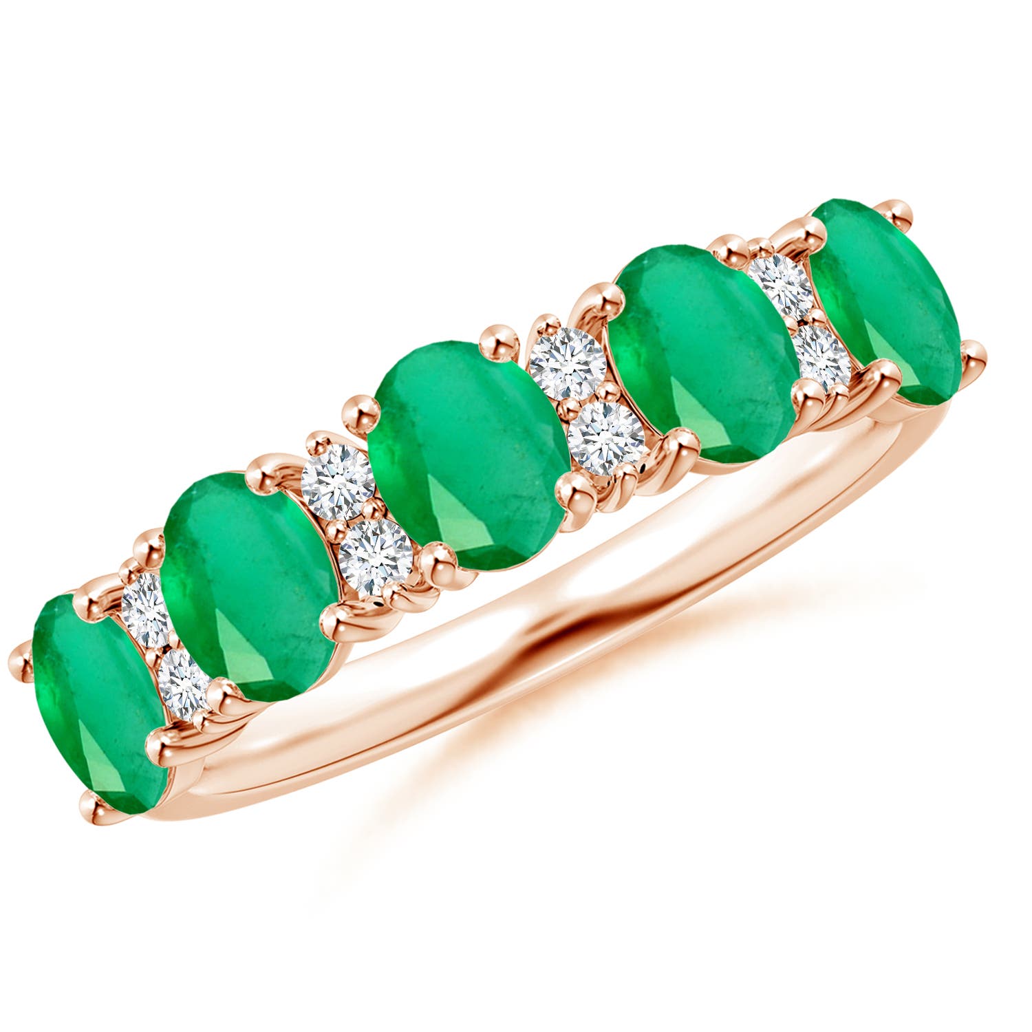 Angara 1.5 Carats Five Stone Emerald and Diamond Wedding Ring in 14K Rose Gold