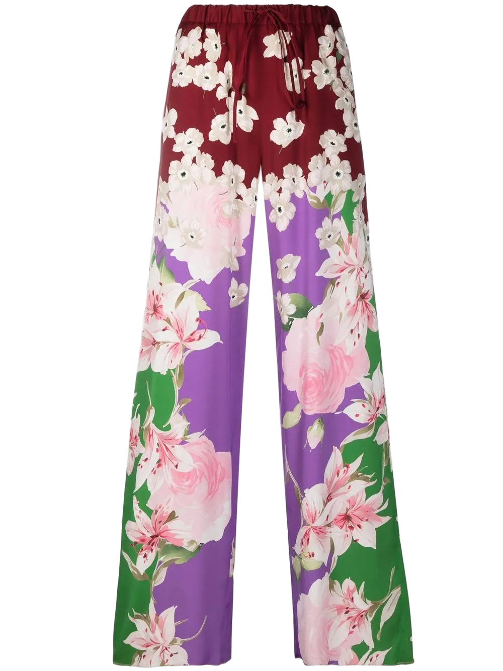 Floral-Print Stretch-Silk Trousers — Red