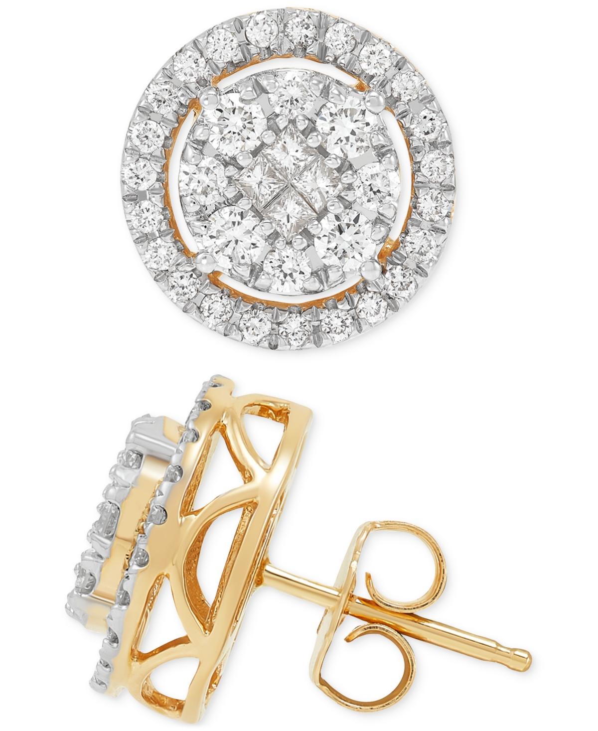 Diamond Halo Cluster Stud Earrings (3/4 ct. t.w.) in 14k Gold - Yellow Gold