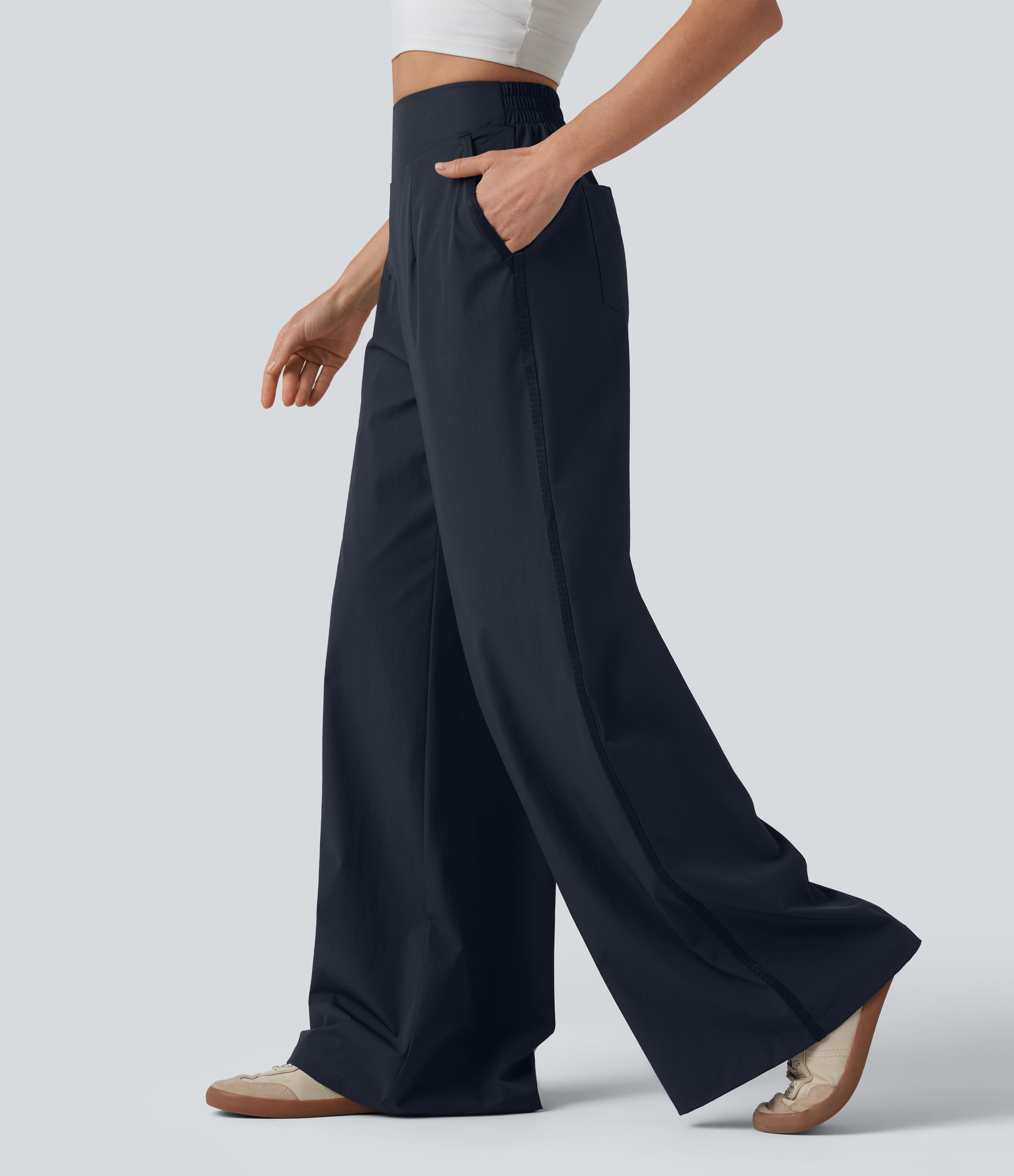 Halara High Waisted Wide Leg Casual Trousers with Pockets - Dark Sapphire - XLregular