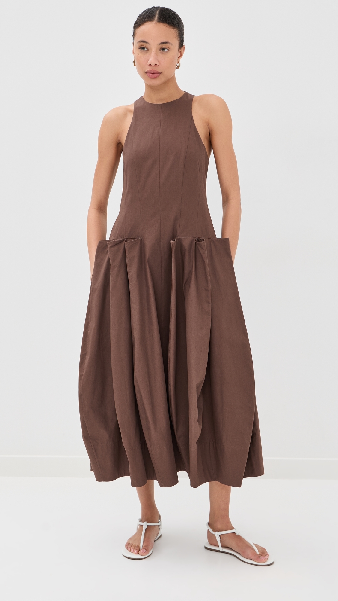 Compact Poplin Pinched Pleat Dress Sepia Brown