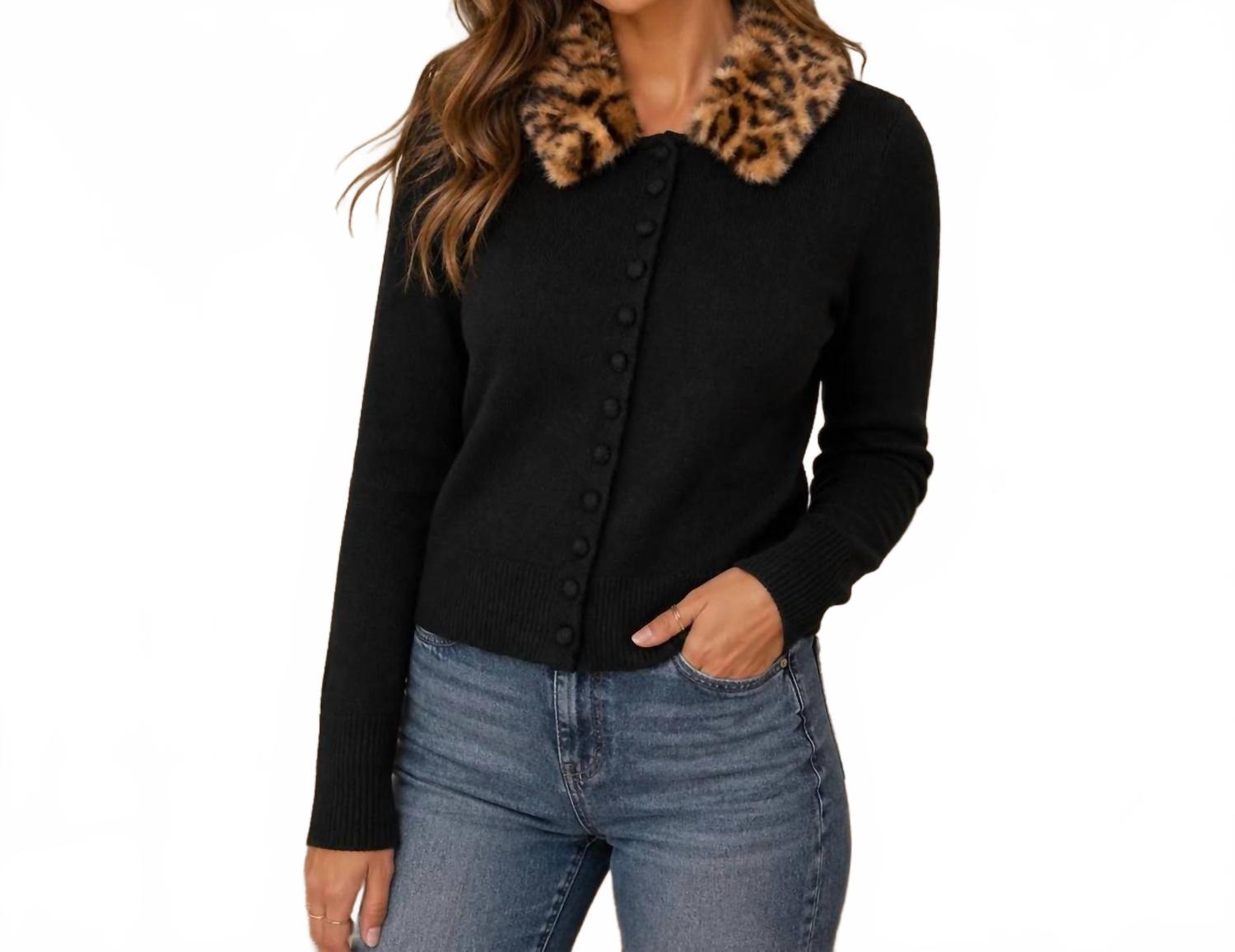 Knit Cardigan With Detachable Leopard Faux Fur Collar In Black