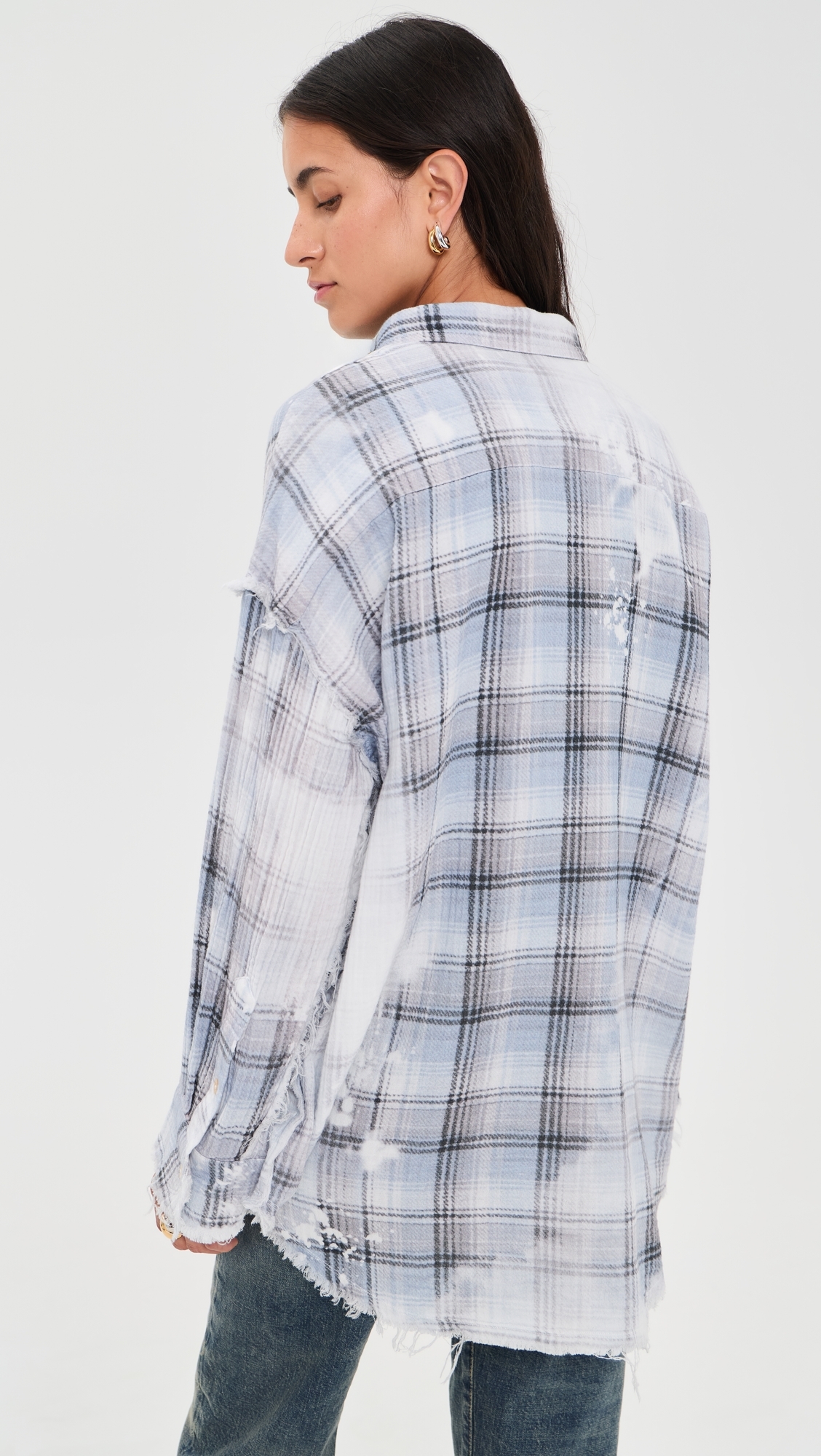 Shredded Seam Button Down Shirt Blue Bleached Plaid