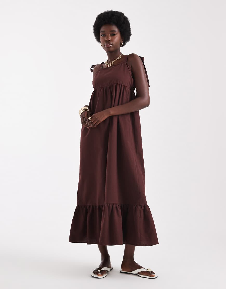 Linen tie shoulder maxi dress in chocolate-Brown