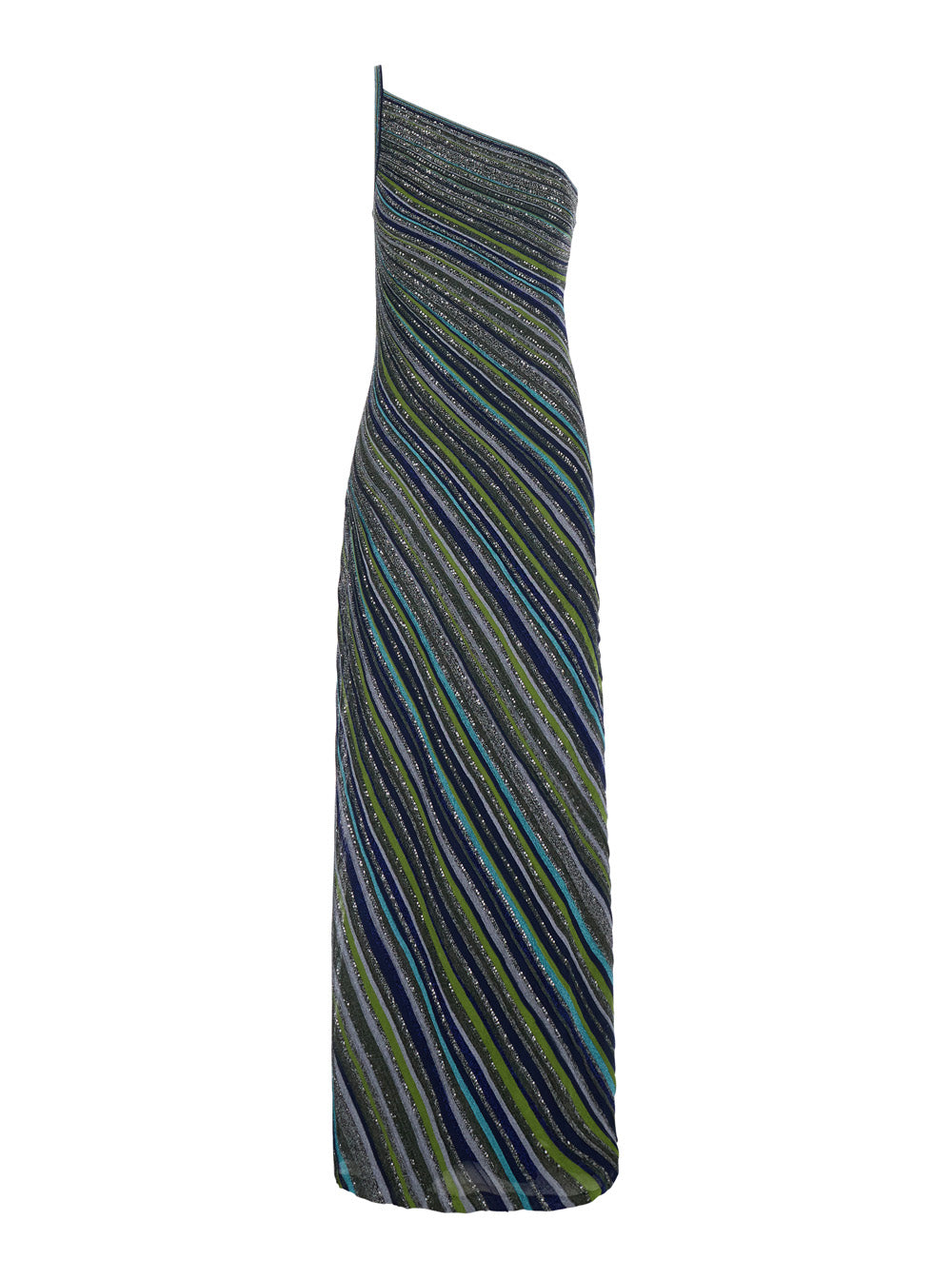 Sequined Striped One-Shoulder Dress — Blue