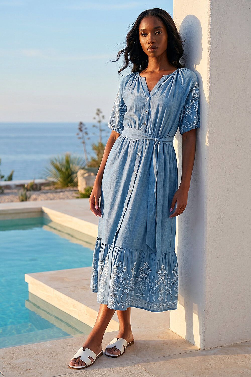 Roman Petite Cotton Embroidered Midi Dress In Blue