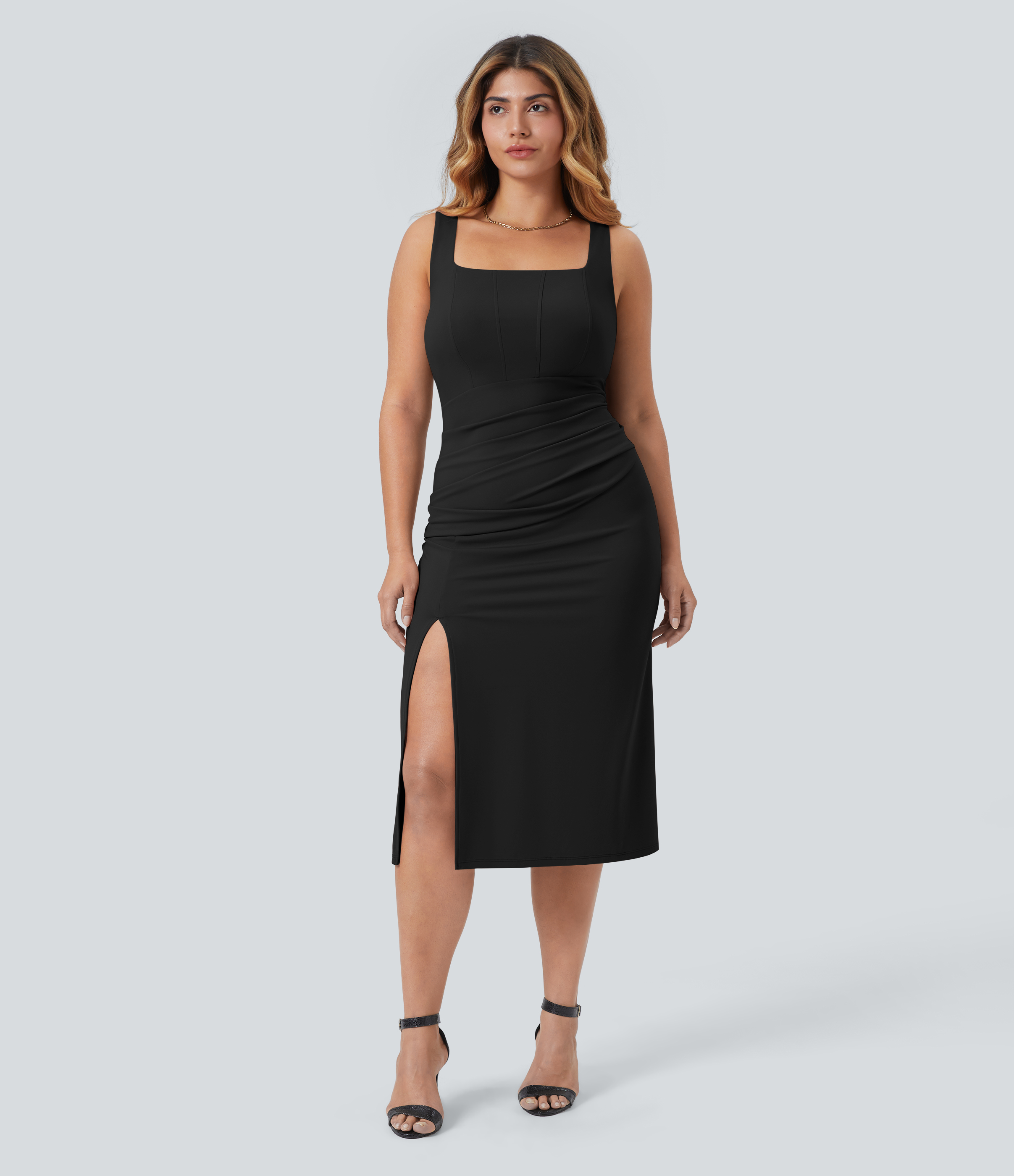 SoftlyZero™ Airy Square Neck Corset Ruched Bodycon Midi Cool Touch Plus Size Dress Casual Dress - Black