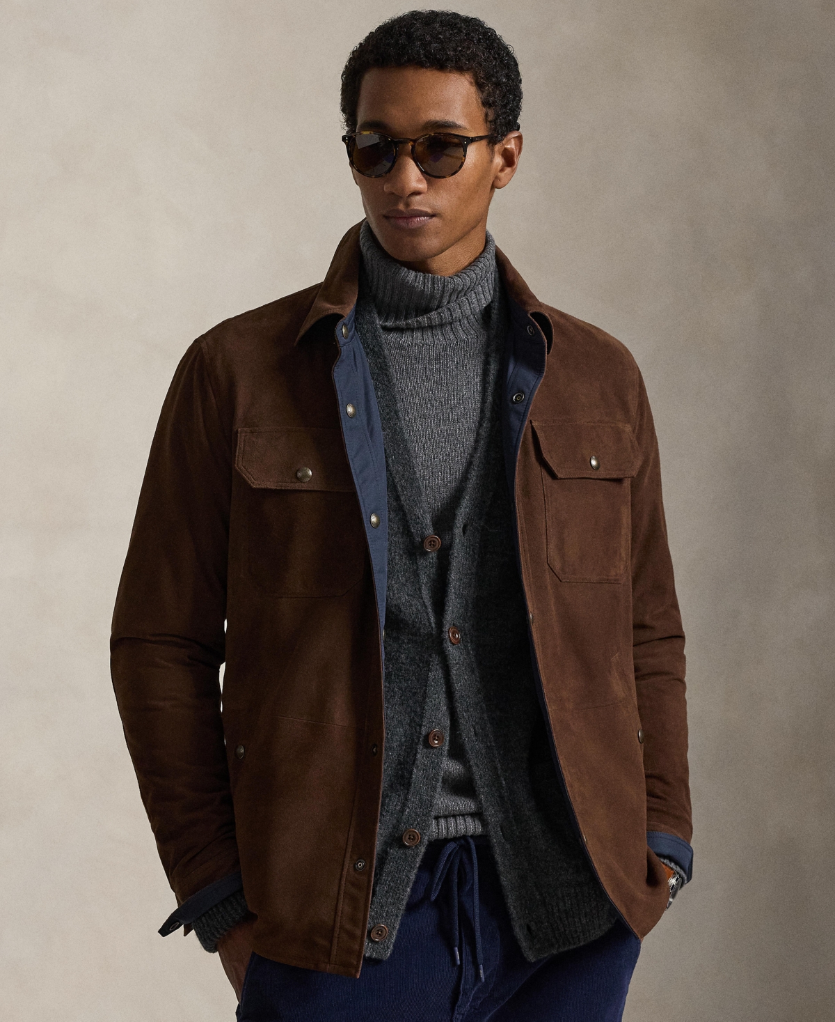 Men's Reversible Suede-Taffeta Shirt Jacket - Cooper Brown/collection Navy