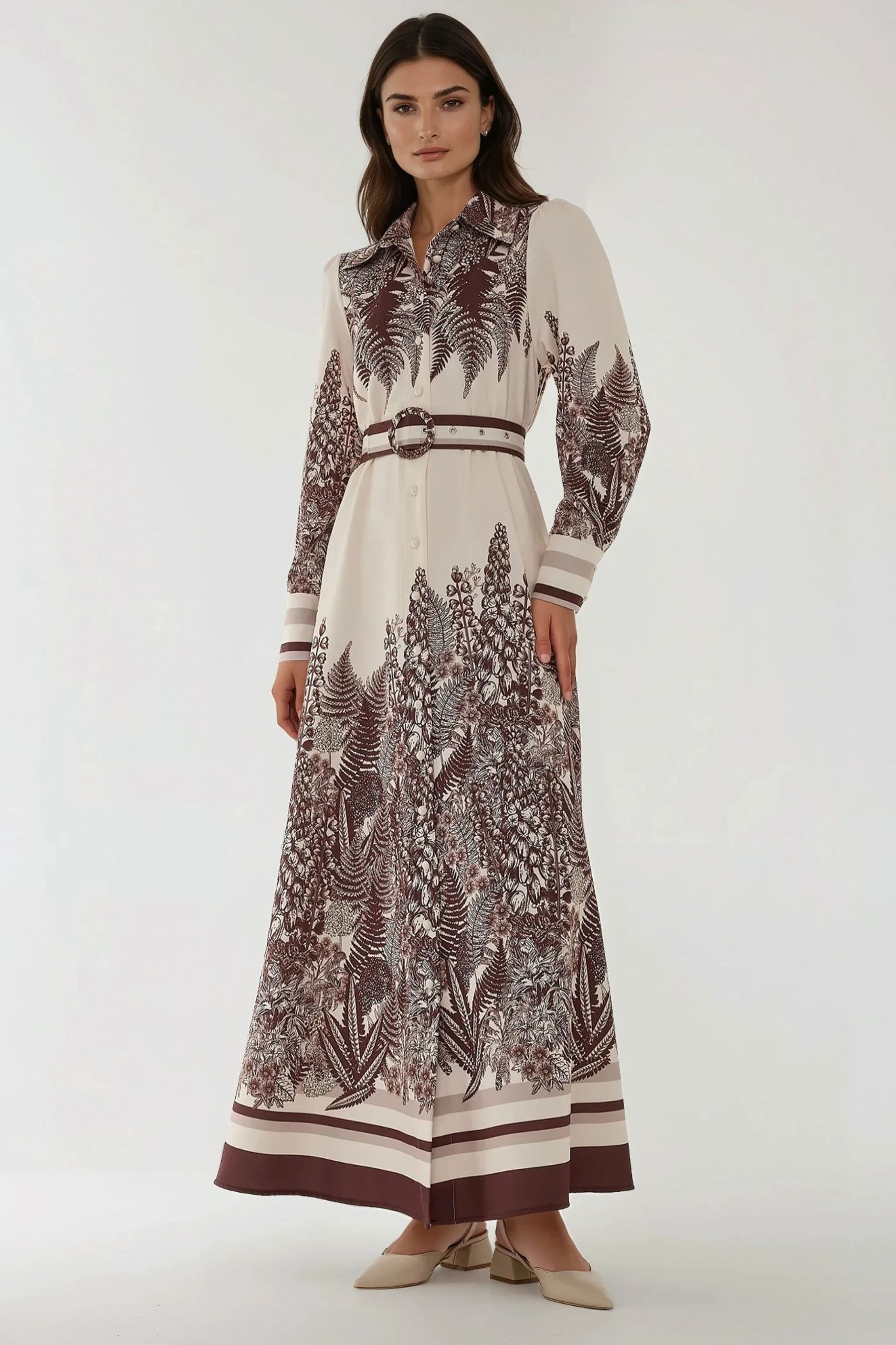 Natural Printed Long Sleeve Maxi Dress With Belt Women
