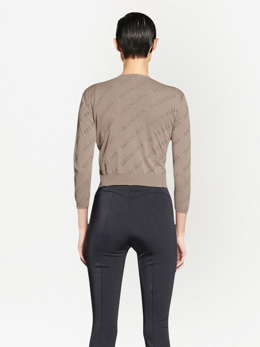 Woman Beige Knit Crop Cardigan With All-over Logo
