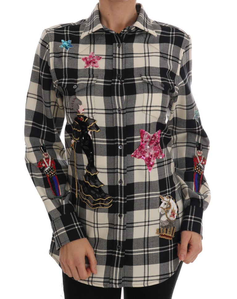 Embellished Wool Check Blouse — Black
