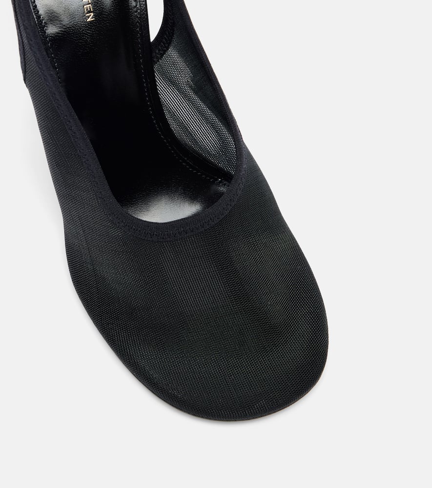 Mesh wedge slingback pumps