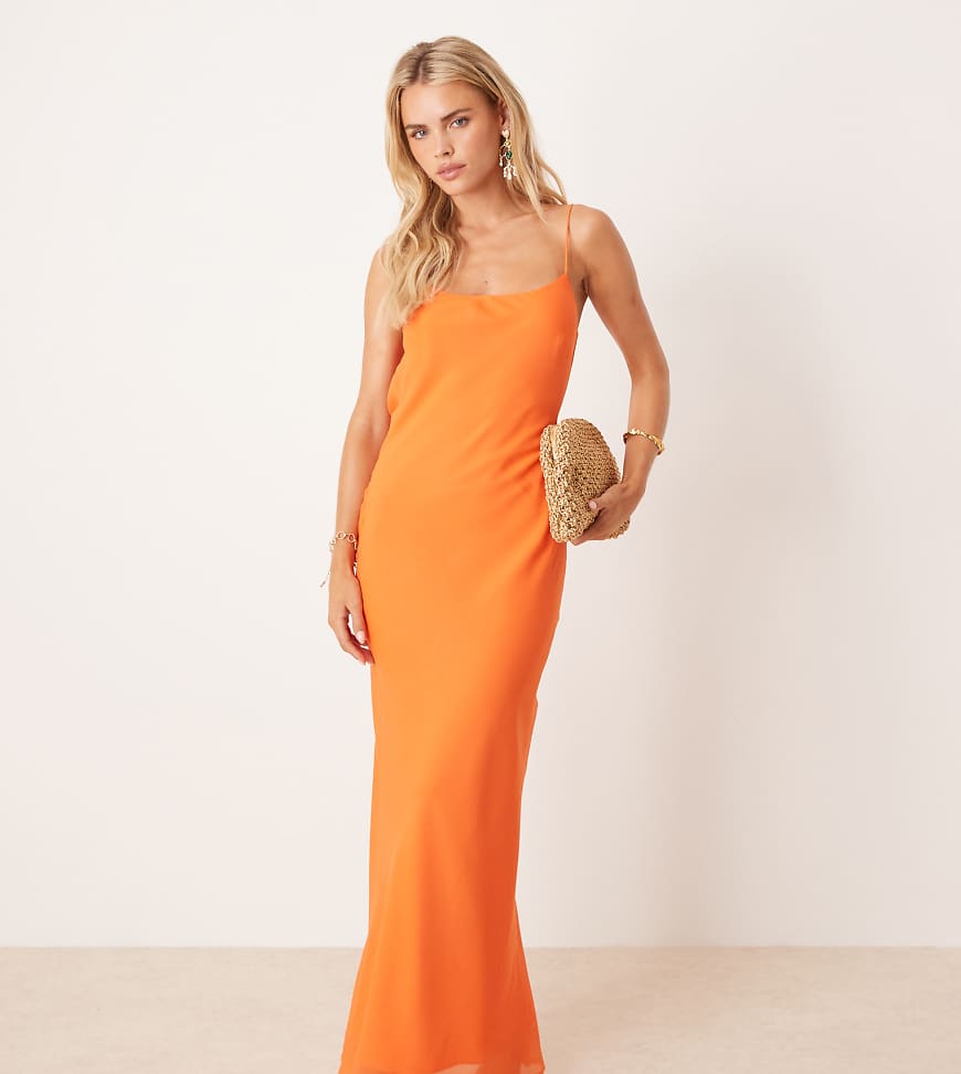 ASOS DESIGN Petite strap cowl back slip midi dress in bright orange