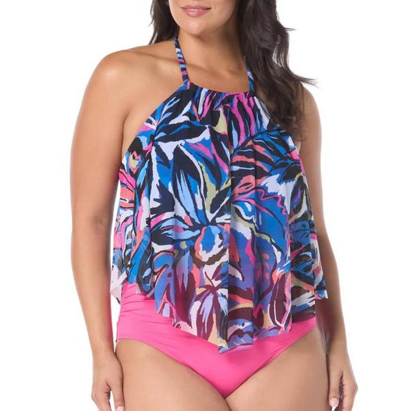 Women's Aura Mesh Ruffle Bra Sized Underwire Swim Tankini Misses 34C Black