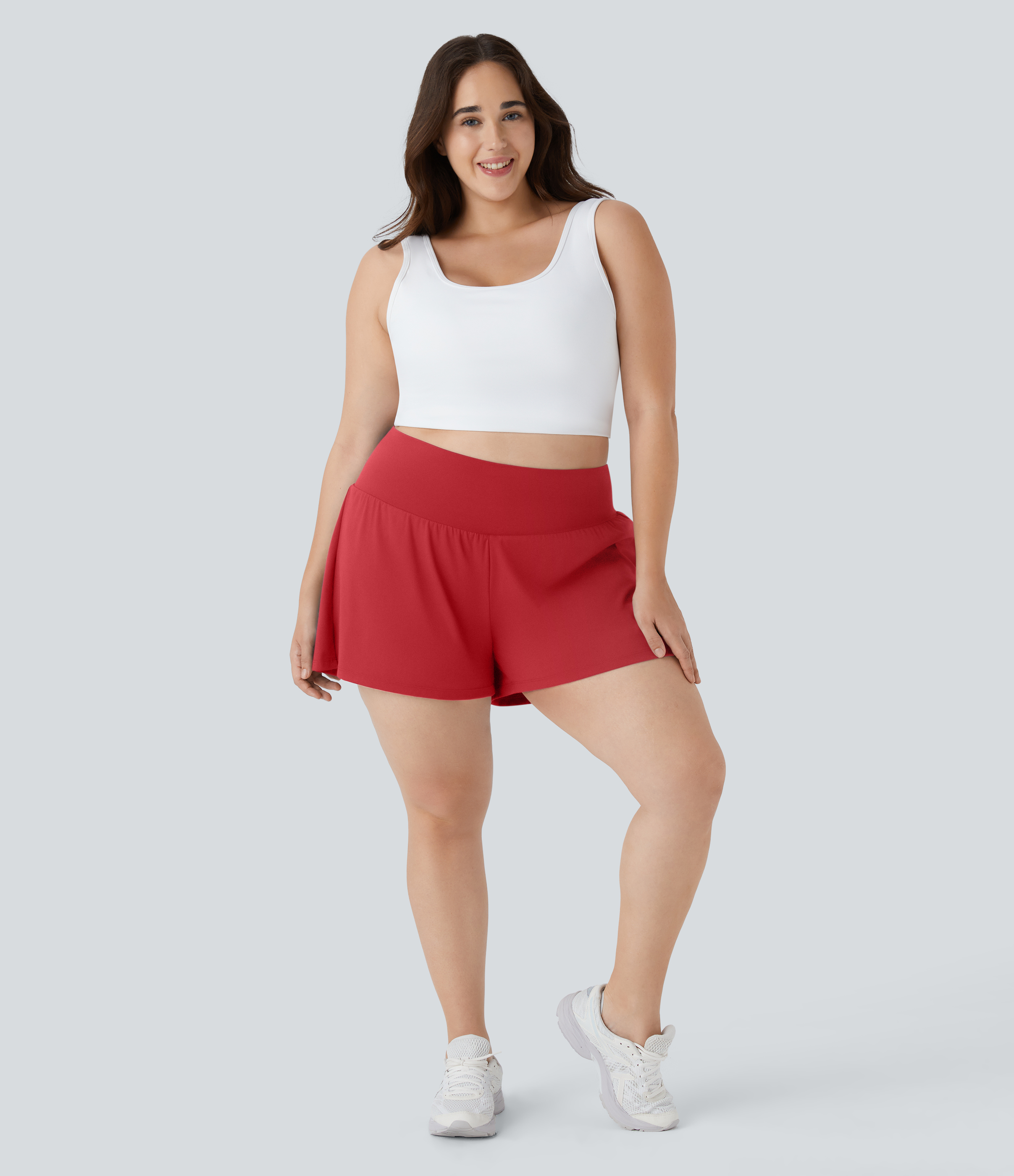 Super High Waisted Pocket & Pocket 2-in-1 Yoga Plus Size Shorts 4''-Longer Length Gym Short - Salsa