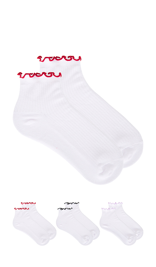 Stems 3-pack Ruffle Contrast Ankle Socks in Red Black & Pink. a