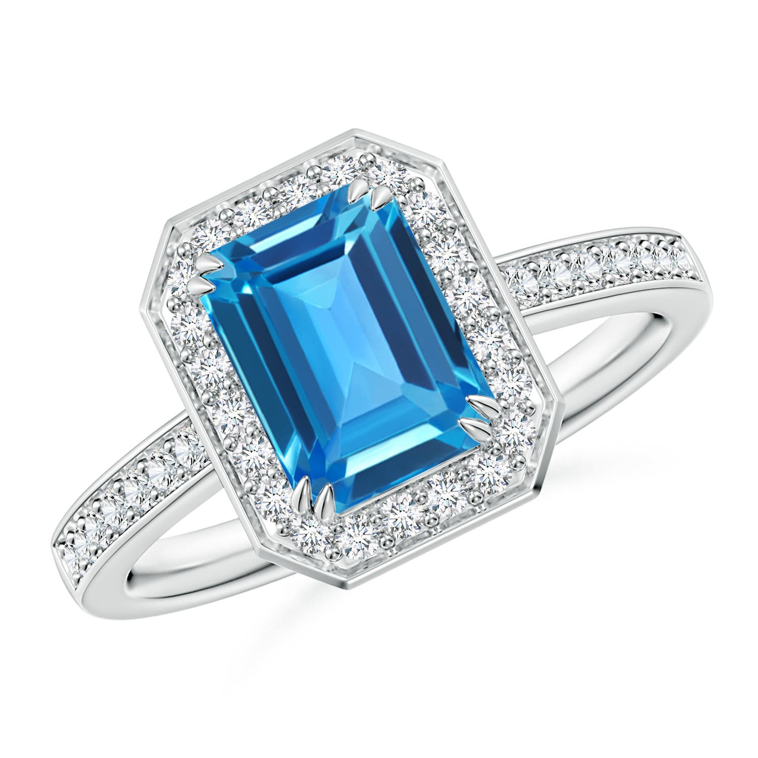 Angara 1.95 Carats Emerald-Cut Swiss Blue Topaz Engagement Ring with Diamonds in Platinum