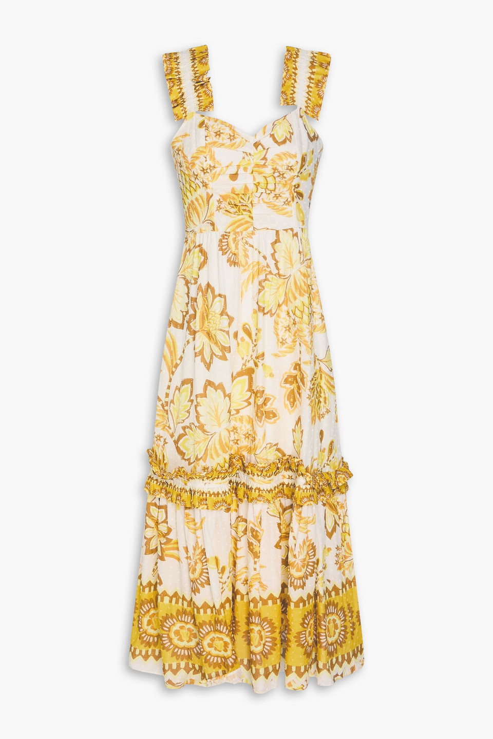 Ruffled floral-print Swiss-dot cotton midi dress - Yellow - XL