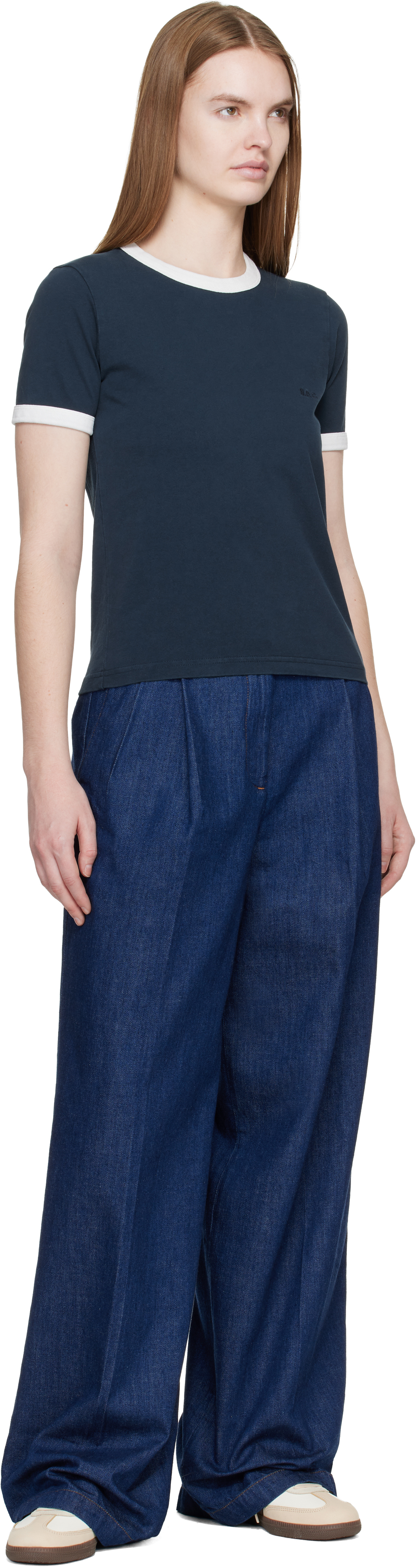 Navy Crop Manche Courte Contrast T-shirt