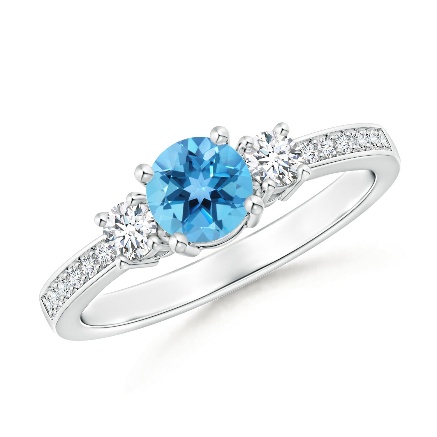 Angara 0.6 Carat Classic Three Stone Round Swiss Blue Topaz and Diamond Engagement Ring in Platinum