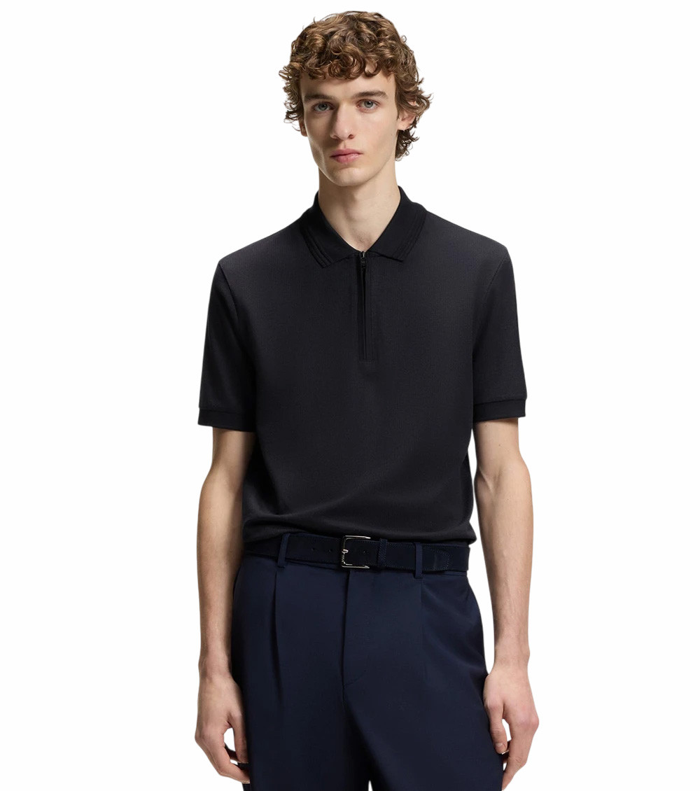 Dark Blue Solid Shirt Collar Polo