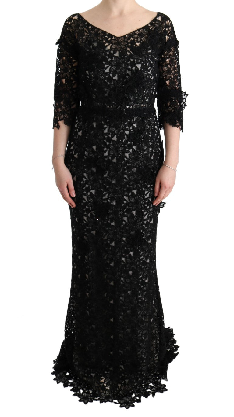 Lace Floral Appliqué Dress — Black