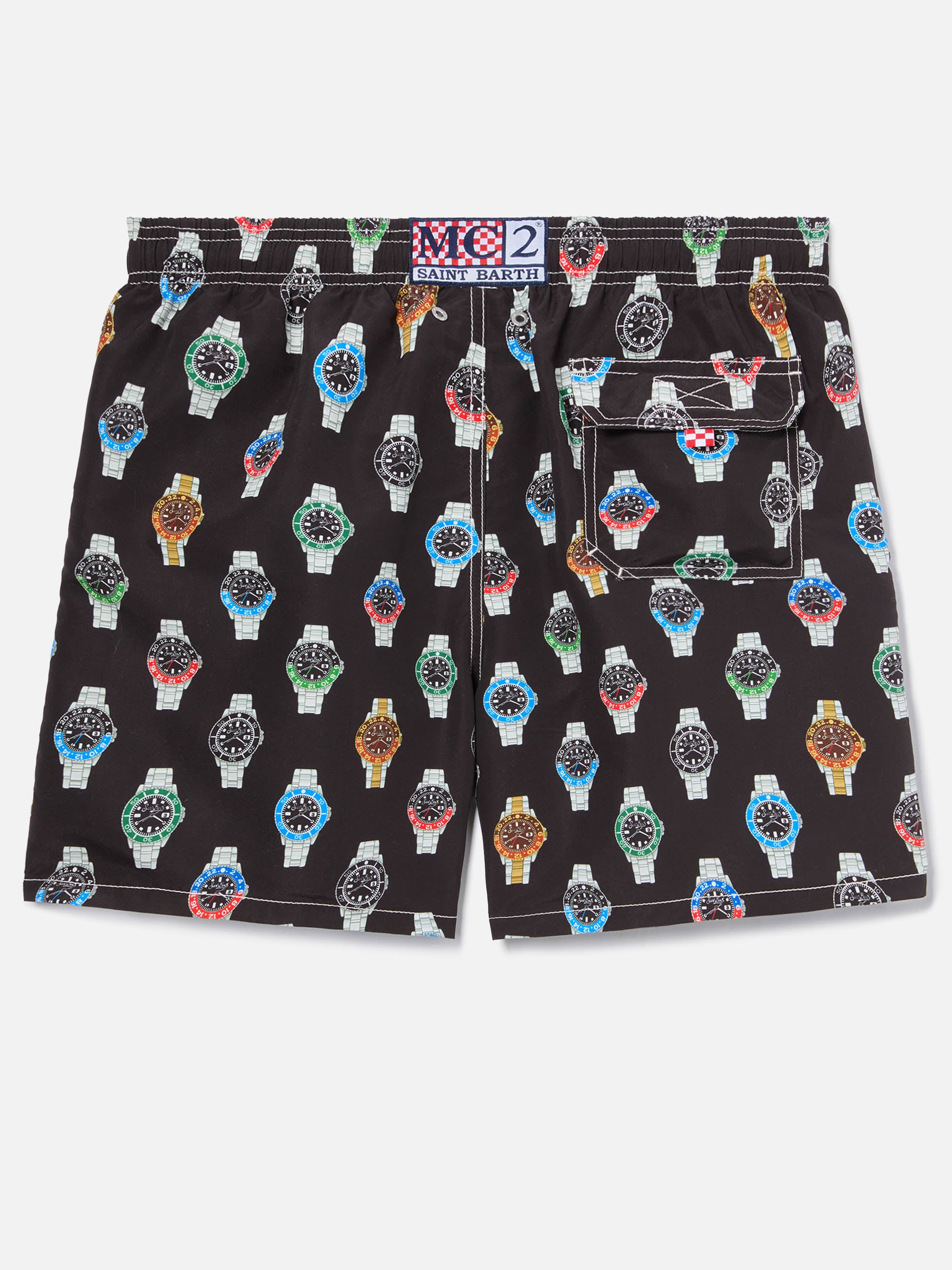 Gustavia Swim Shorts Solid Black With Watch Print Swimshort - Men