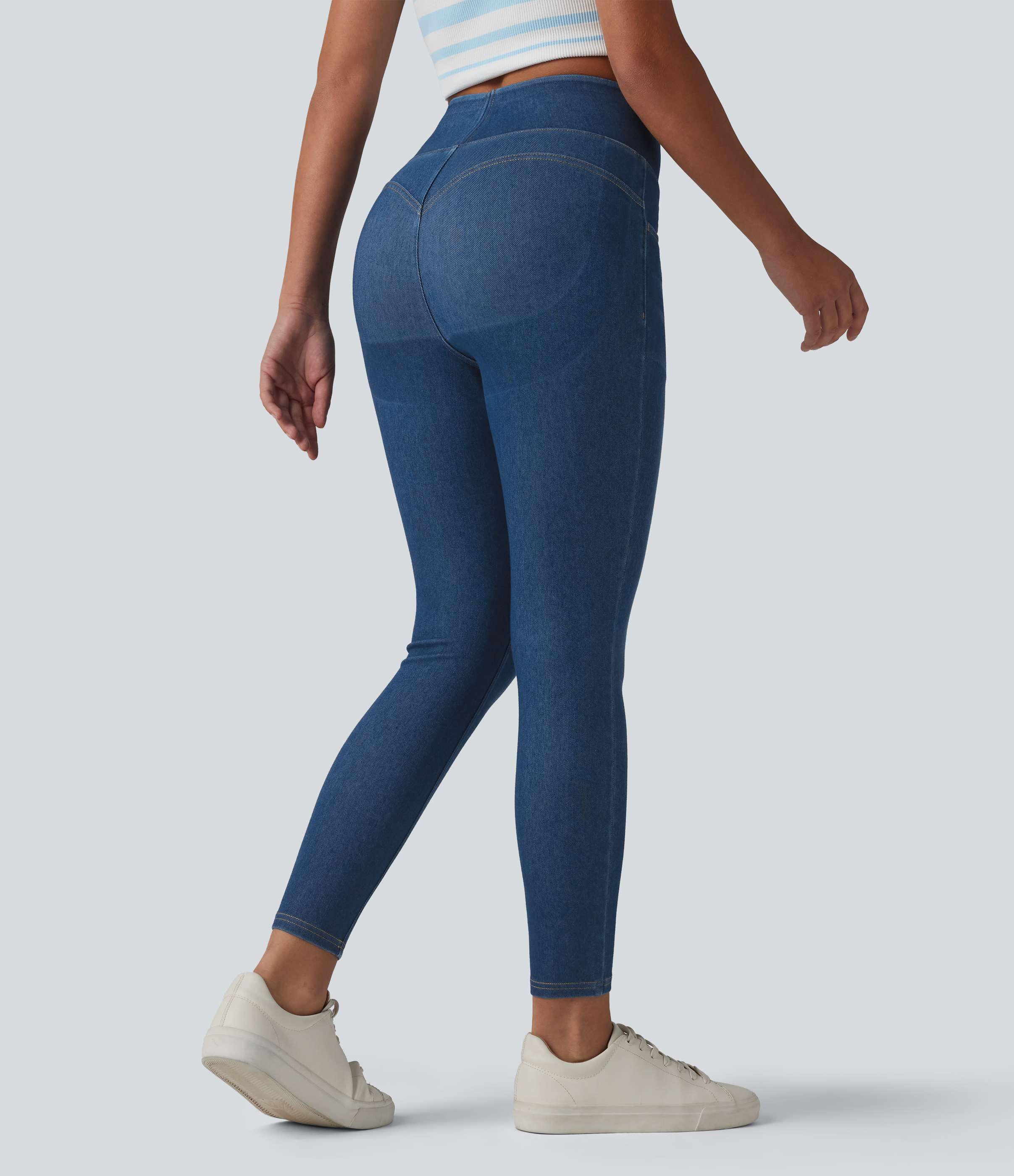 Halara Halara Flex™ High Waisted Tummy Control Butt Lifting Denim Casual Leggings with Pockets - Gulf Stream Blue Denim - XLregular