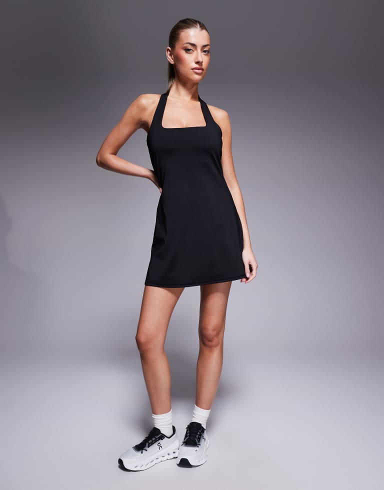 4505 Womens active halter neck tennis dress with under shorts in black