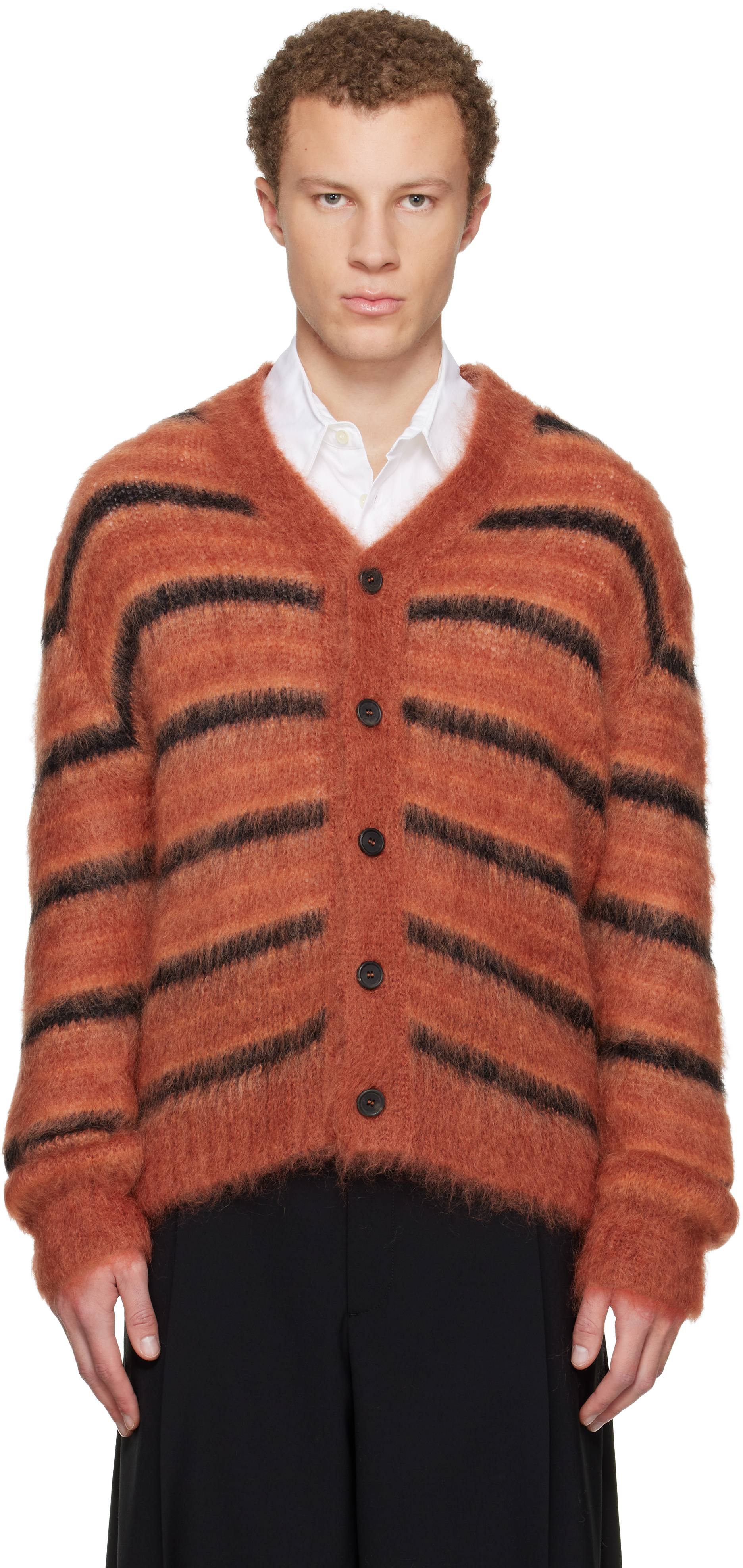 Red & Black Fuzzy Wuzzy Stripe V-Neck Cardigan