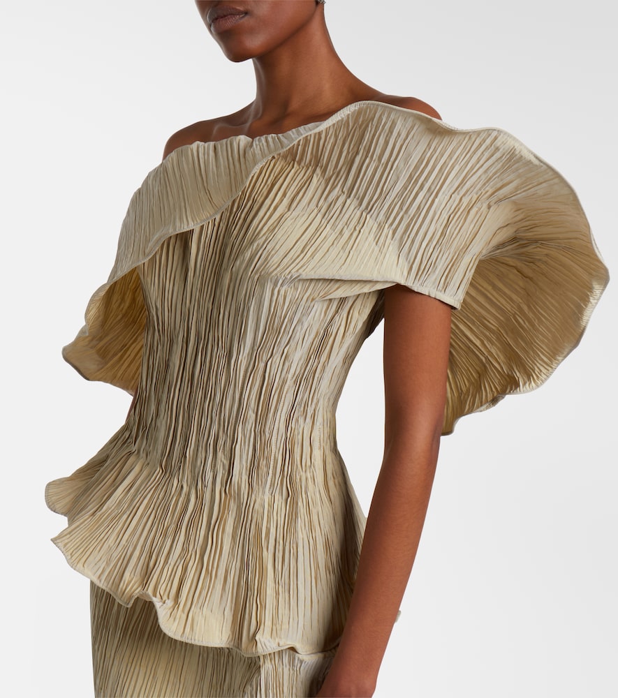 Asymmetric pleated taffeta gown