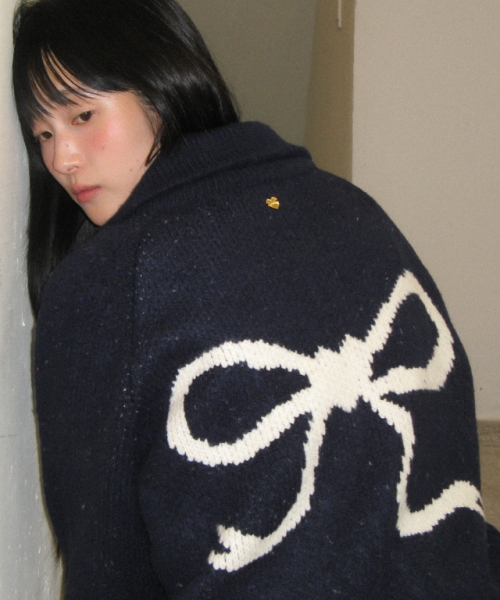 BACK HEART RIBBON COWICHAN KNIT ZIP UP DARK NAVY
