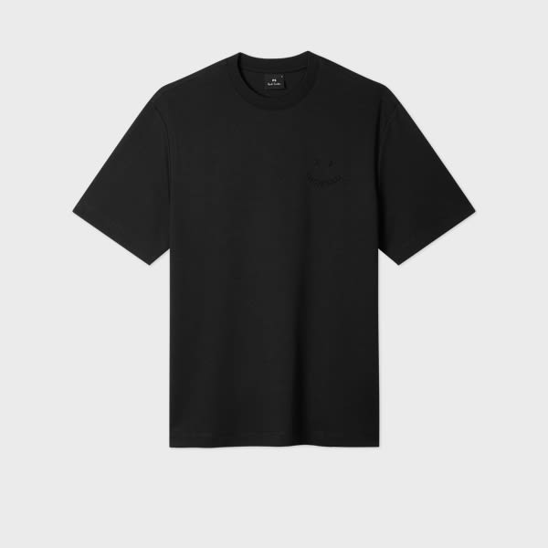 Casual-Fit Black Embossed 'Happy' T-Shirt