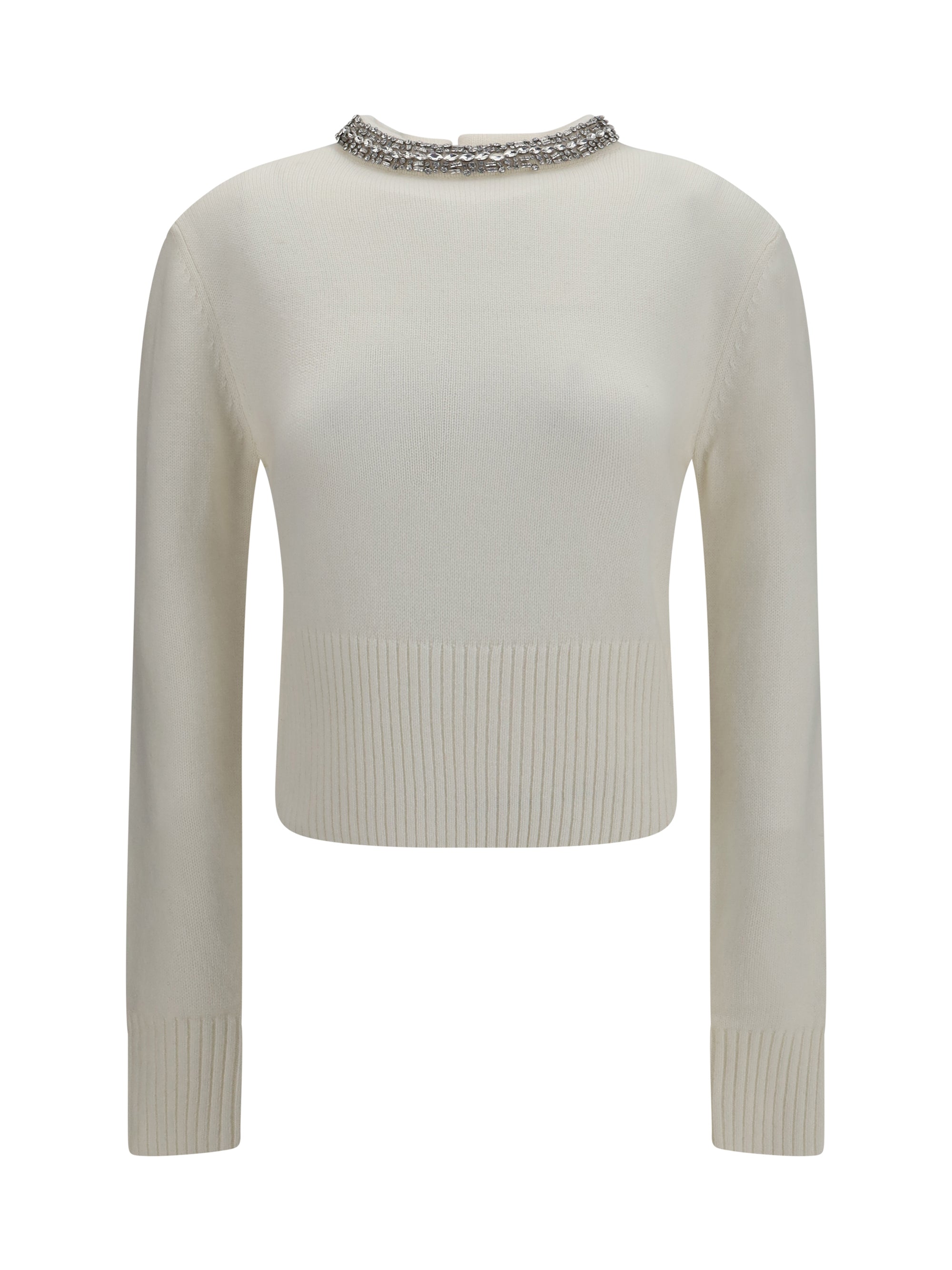 Rhinestone-Embellished Crew Neck Sweater — White