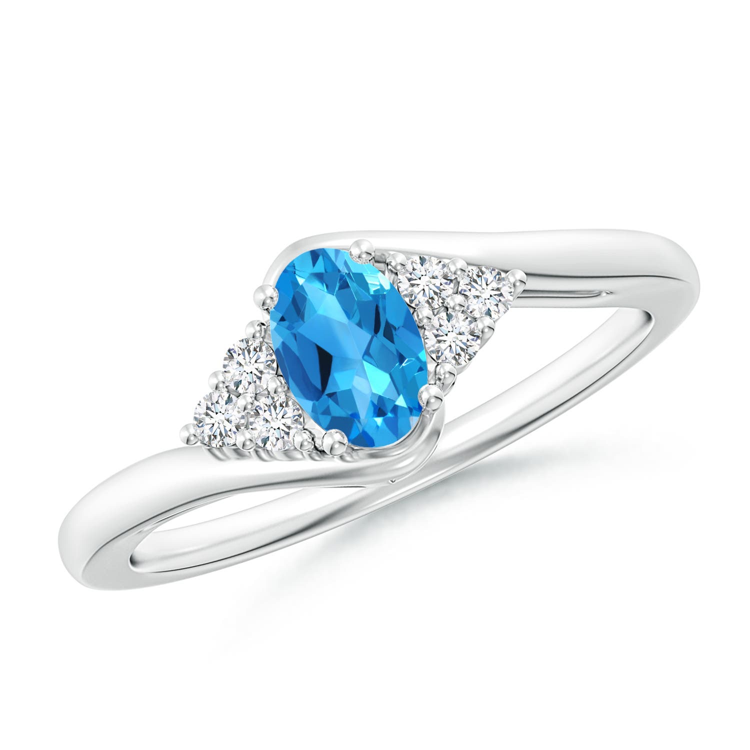 Angara 0.54 Carat Oval Swiss Blue Topaz Bypass Ring with Trio Diamond Accents in Platinum