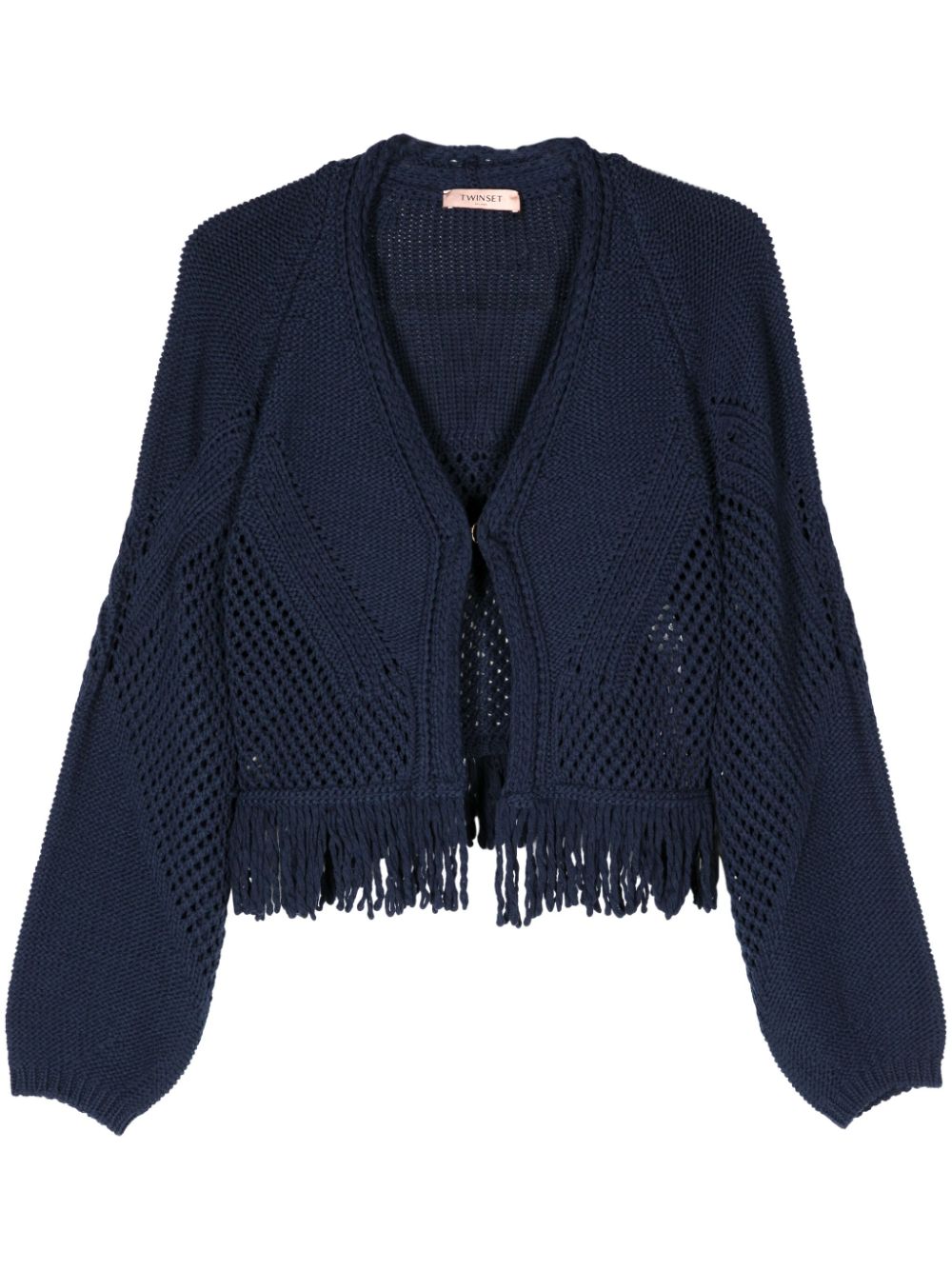 Fringed open-knit cardigan - Blue