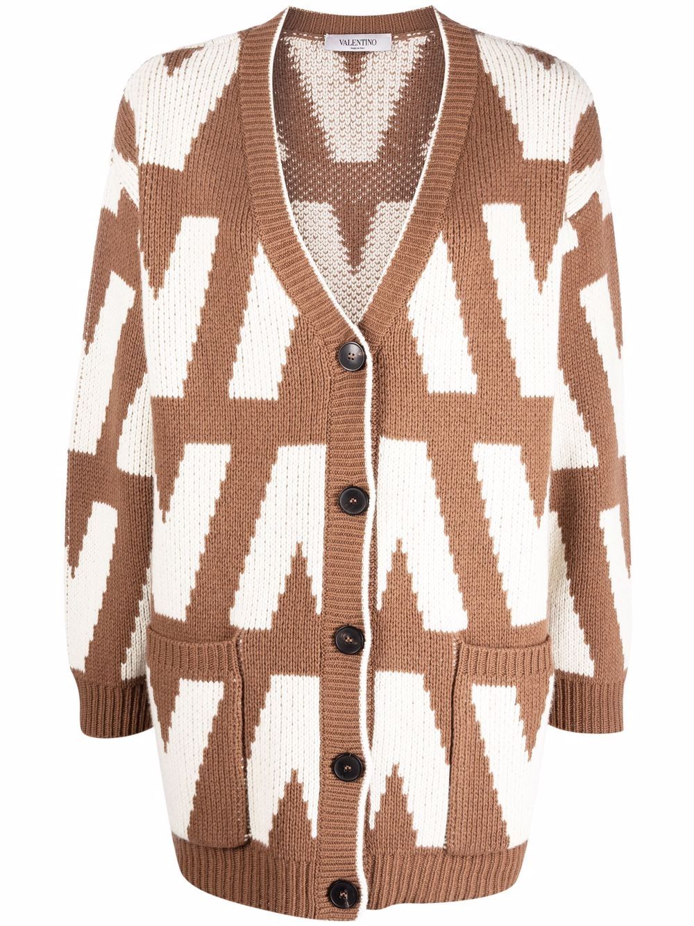 Valentino Garavani logo-intarsia virgin wool cardigan - Brown