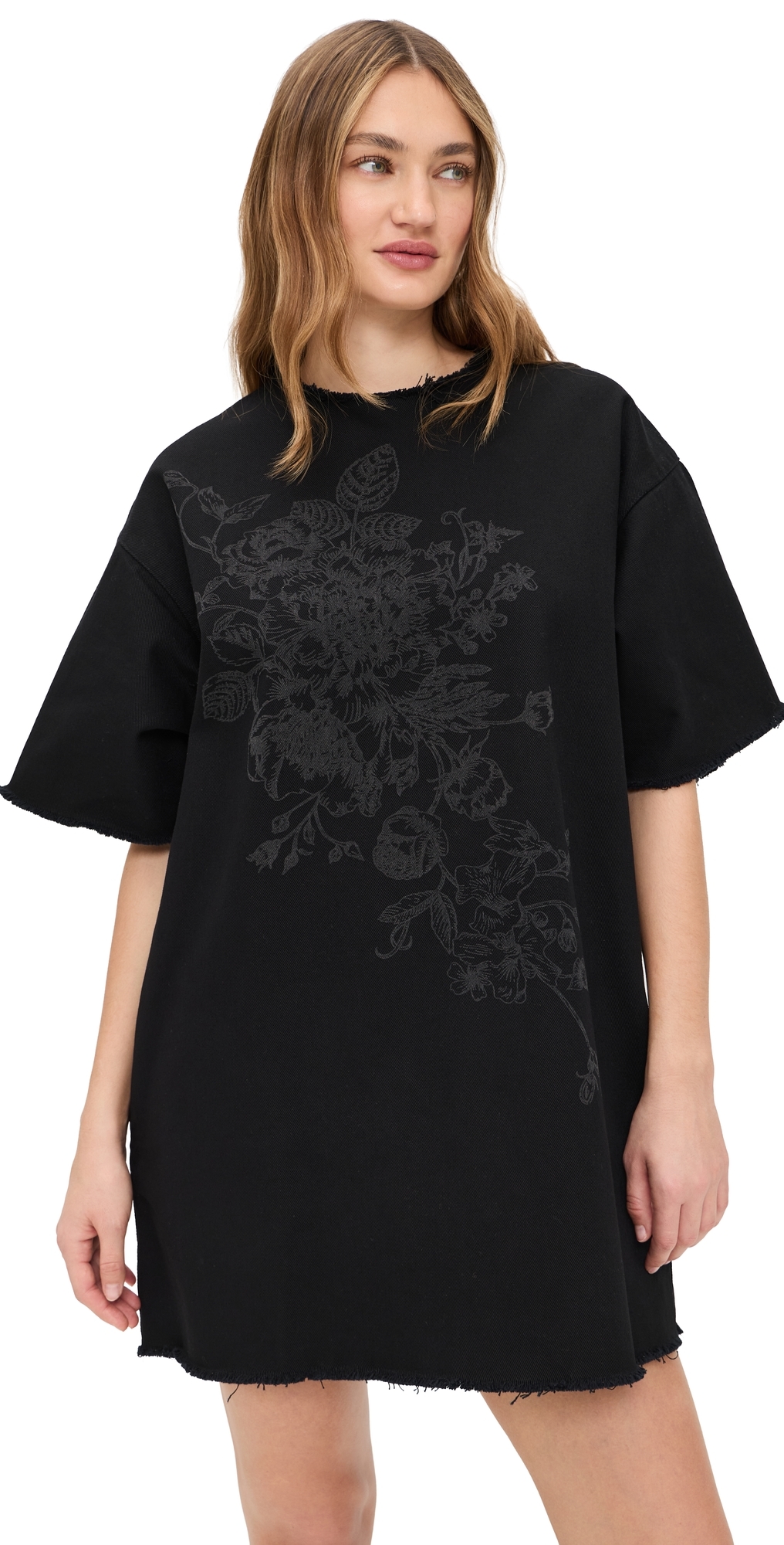 Flower Motif Drill T-Shirt Dress Black