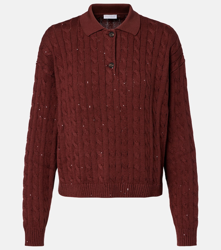 Cable-knit cotton-blend polo sweater