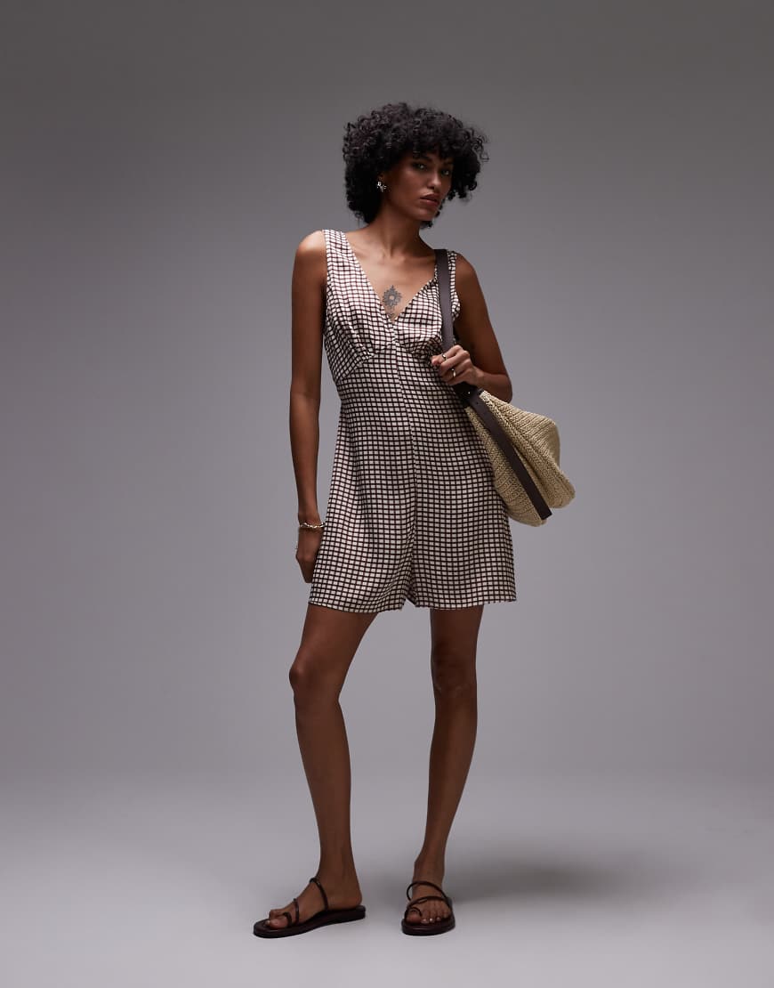 V neck satin playsuit in small brown check