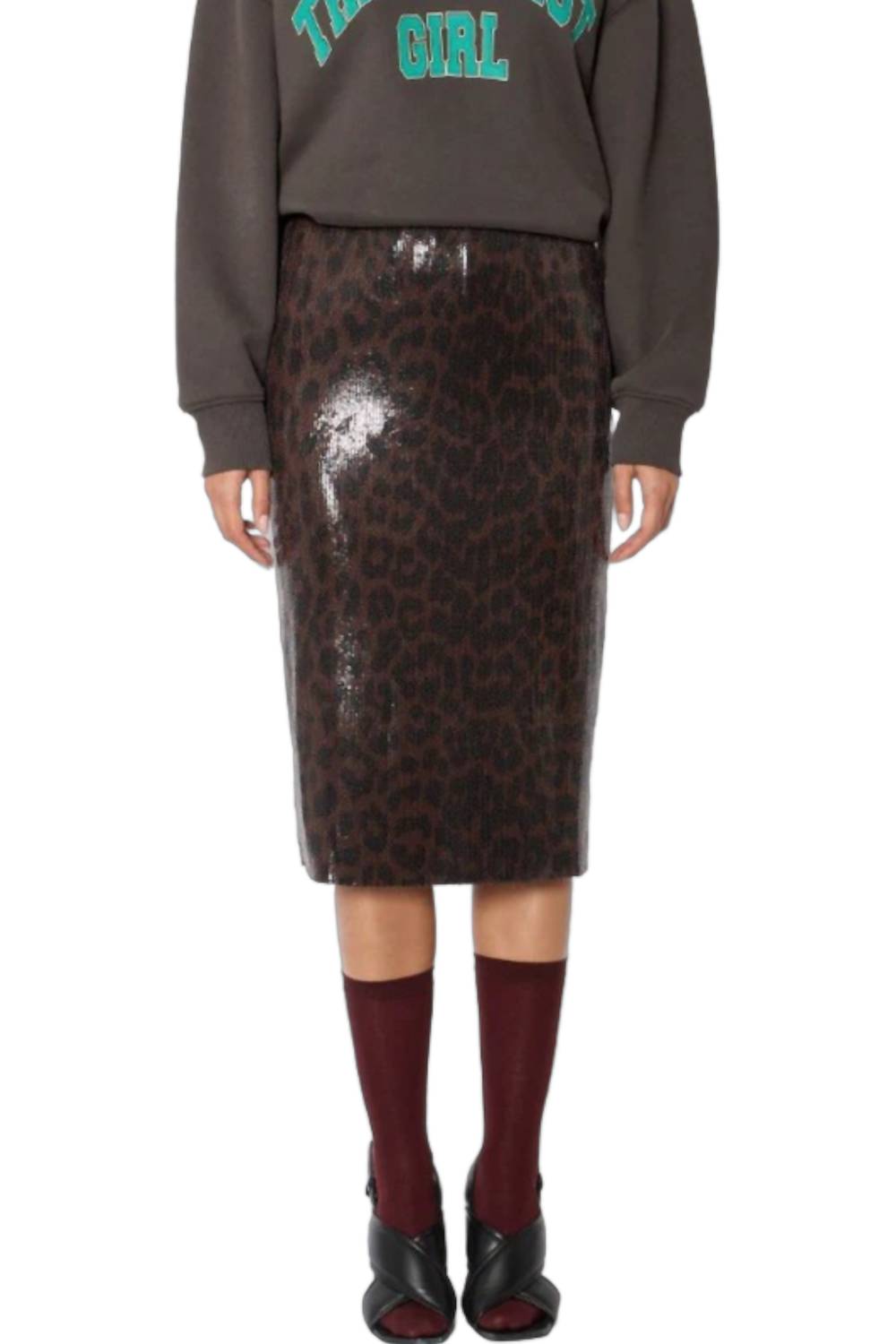 Jamyla Stretch Sequin Midi Skirt In Dark Leopard