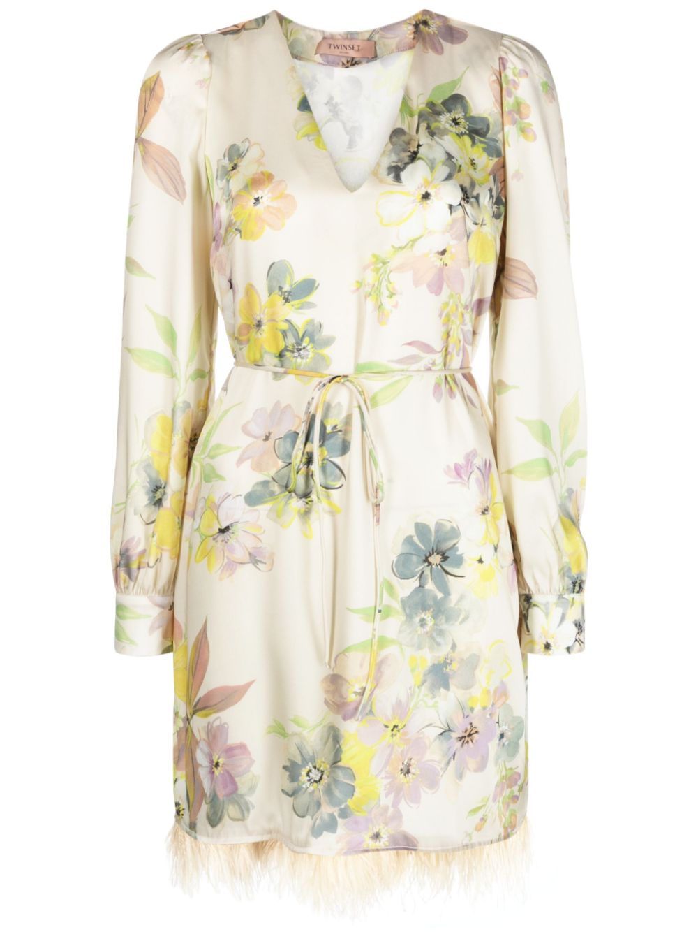 Floral-print feather-trim minidress - Neutrals