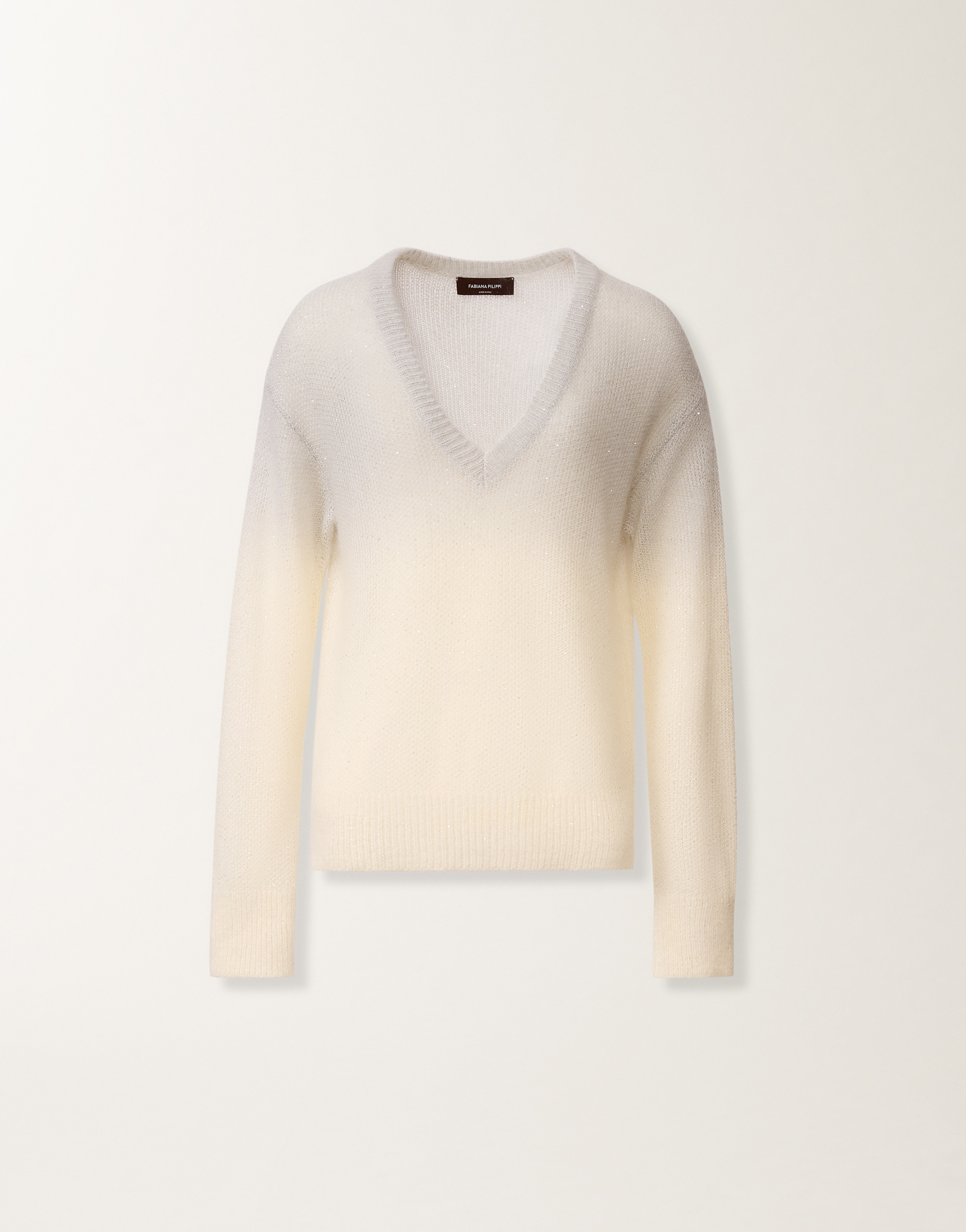Mohair sweater with ombré sequins, raffia, and gray