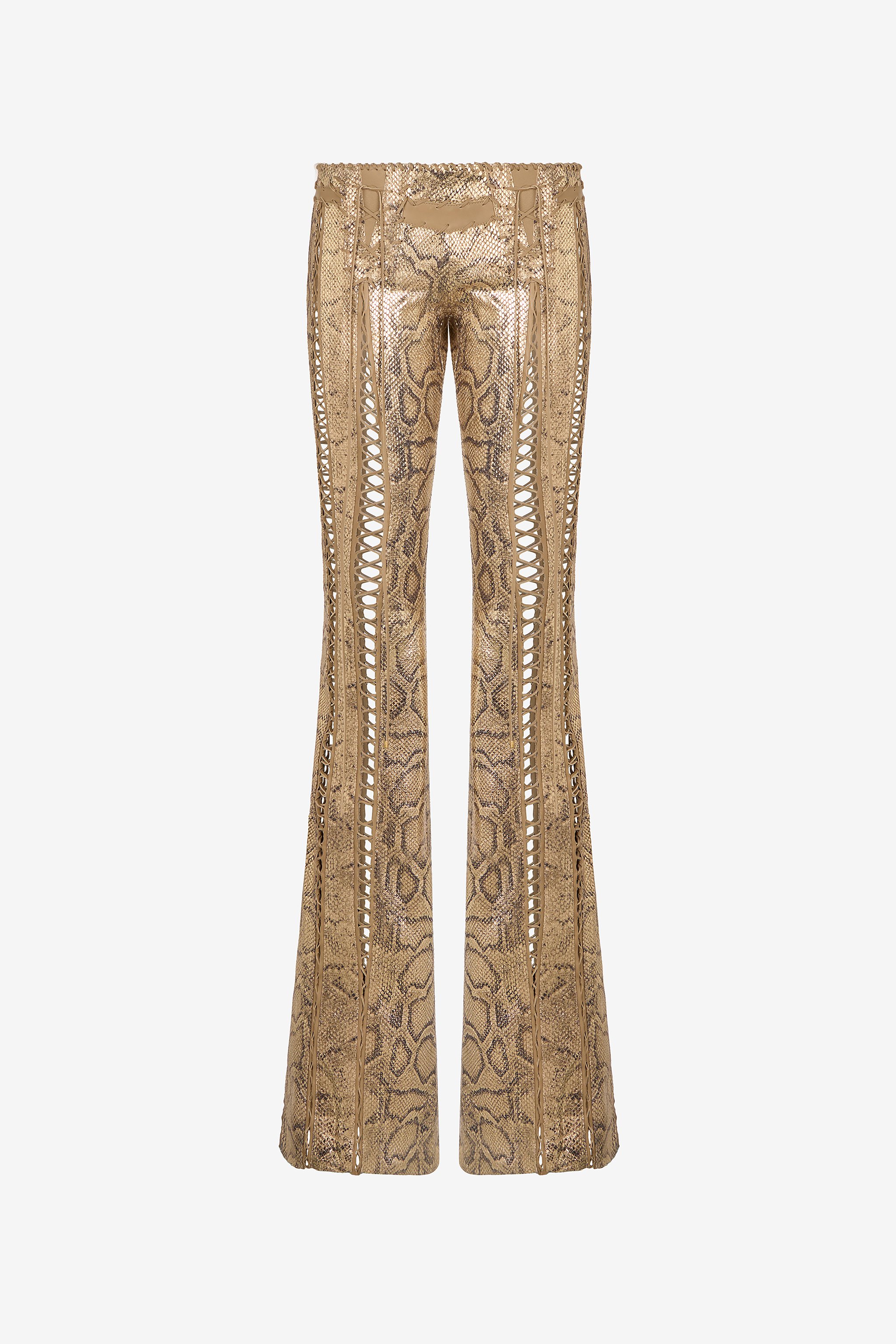 Gold Leather Pants With Python Print And Cut-out Details